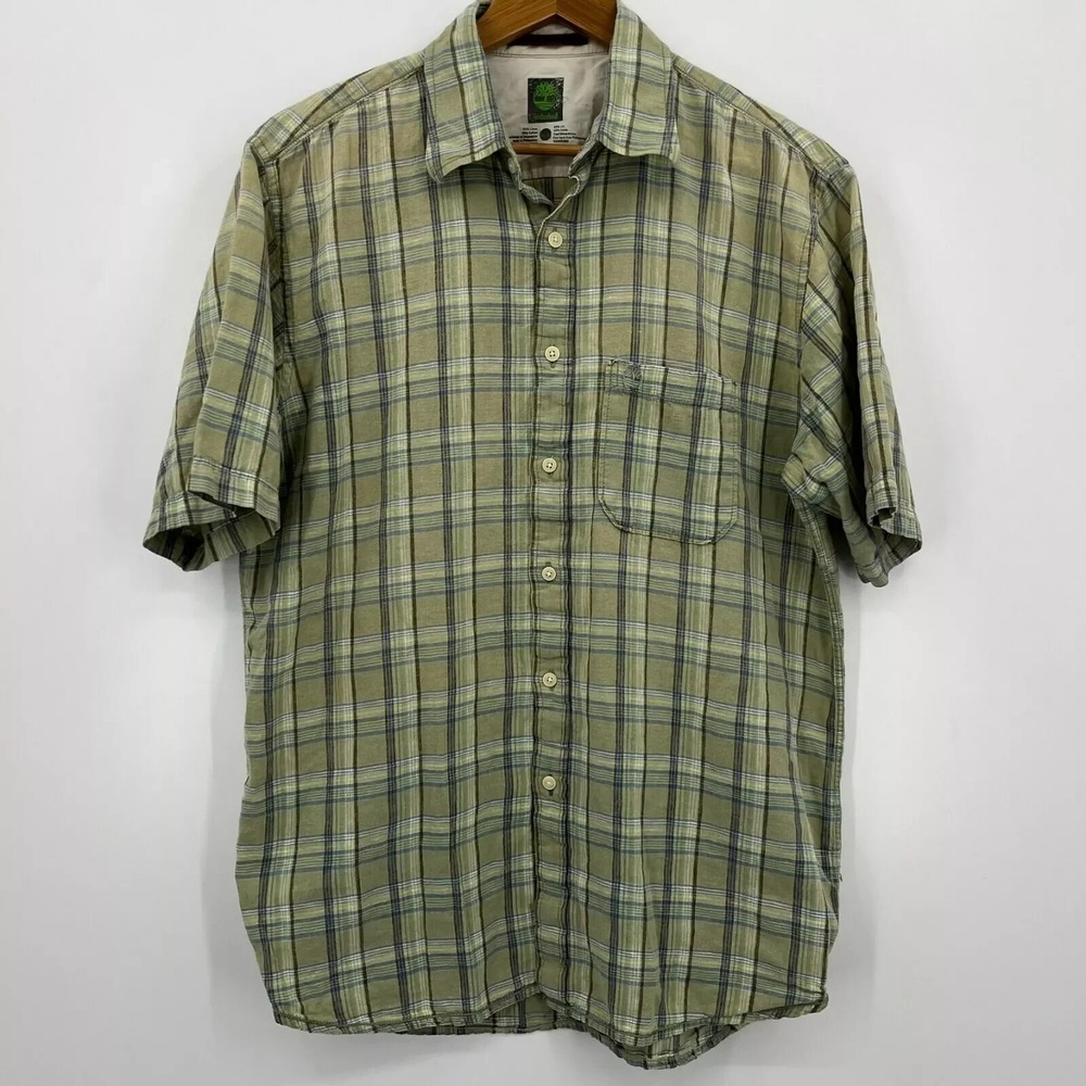 Timberland Mens Medium Green Plaid Linen Cotton Short Sleeve Button Down Shirt